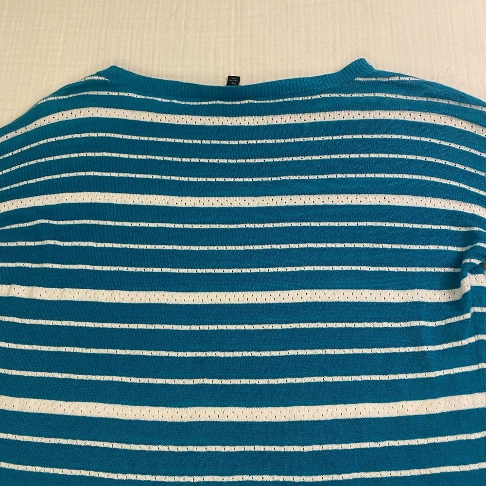 Talbots Sweater Shirt Teal Striped Linen Blend 3/4 Length Medium Petite Coastal - Picture 14 of 16